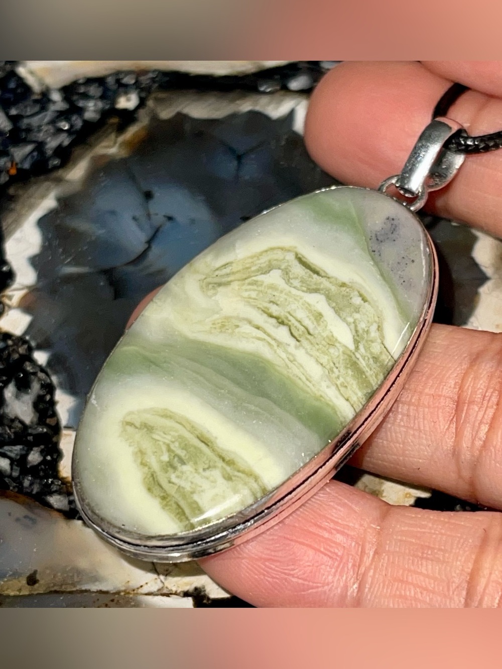 Large Petrified Wood Gary Green Larsonite Pendant 2 1/2”